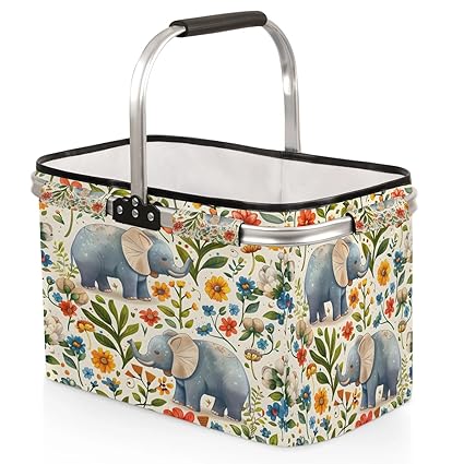 Kizmoglux Elephant Colorful Flower Collapsible Market Basket, Foldable Picnic Basket - Large Shopping Basket with Handles, Portable Folding Bag for Shopping Camping Picnic