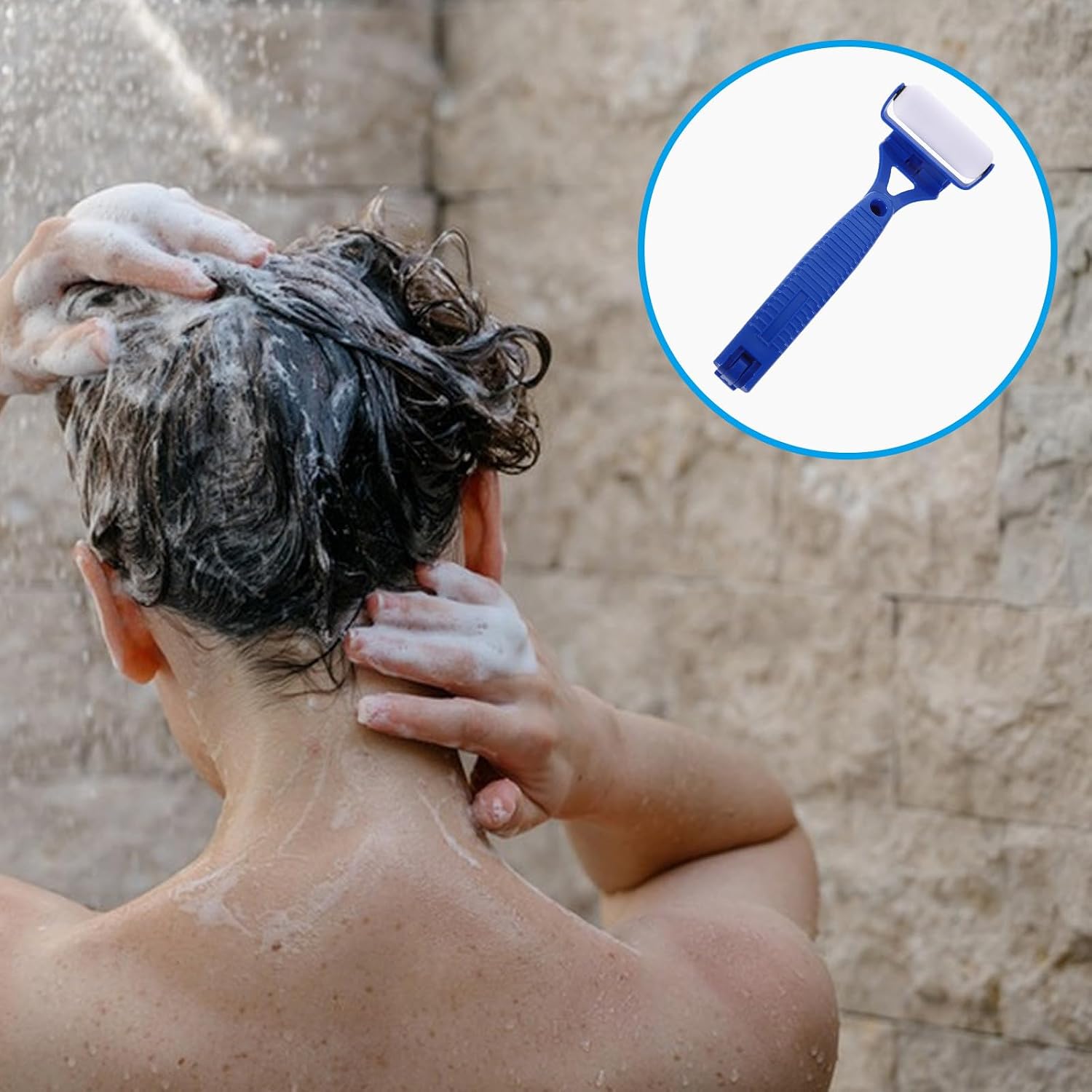 Back Lotion Applicator Roller with 2 Replaceable Blue Rollers, Folding Long Handle Lotion Application Tool for Sunscreen, Self Tanner, and Body Cream, for Elderly and Daily Bath