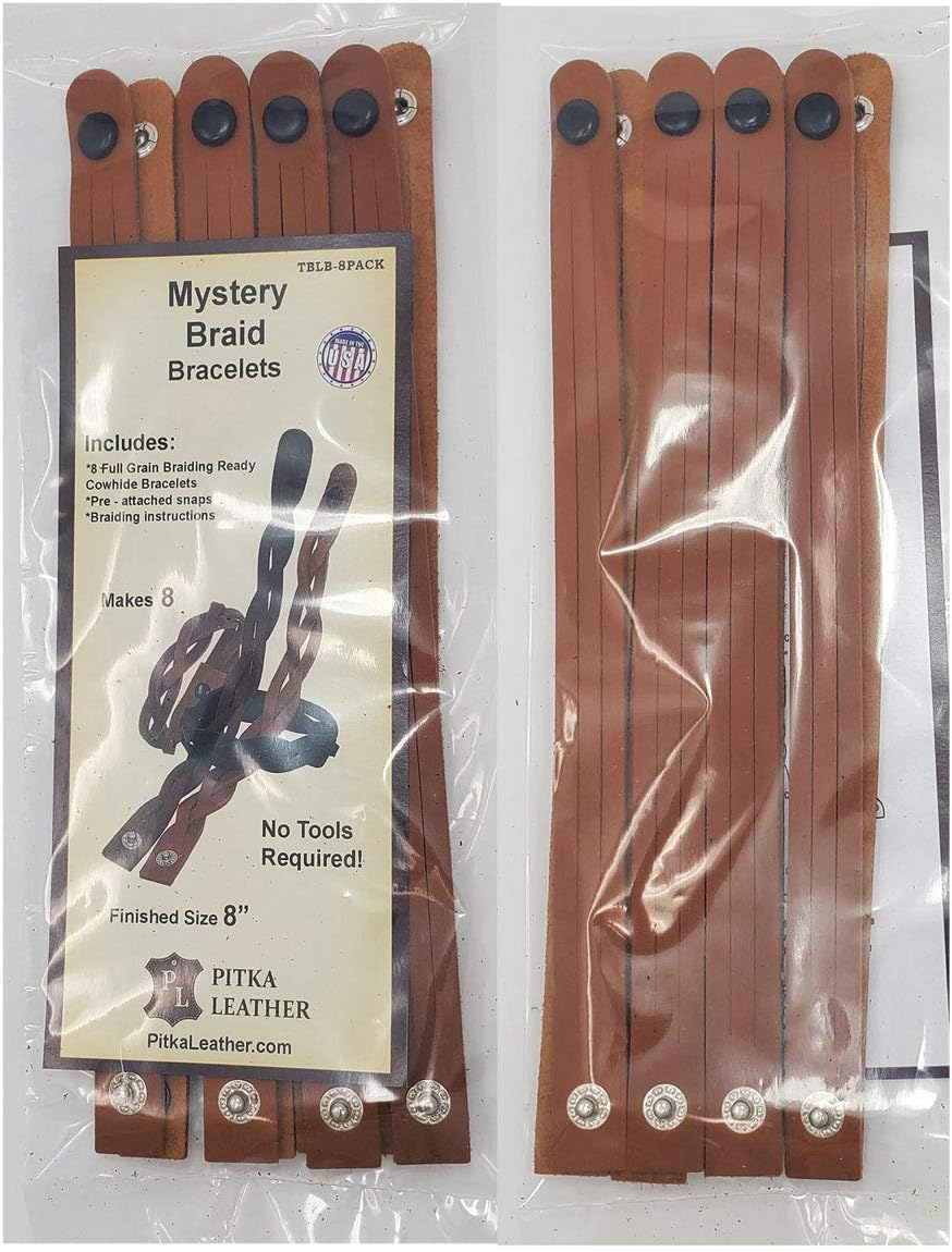 PITKA LEATHER Mystery Braid Leather Bracelets Kit - 8 Leather Bracelets braiding Ready - Choose Color - Made in USA