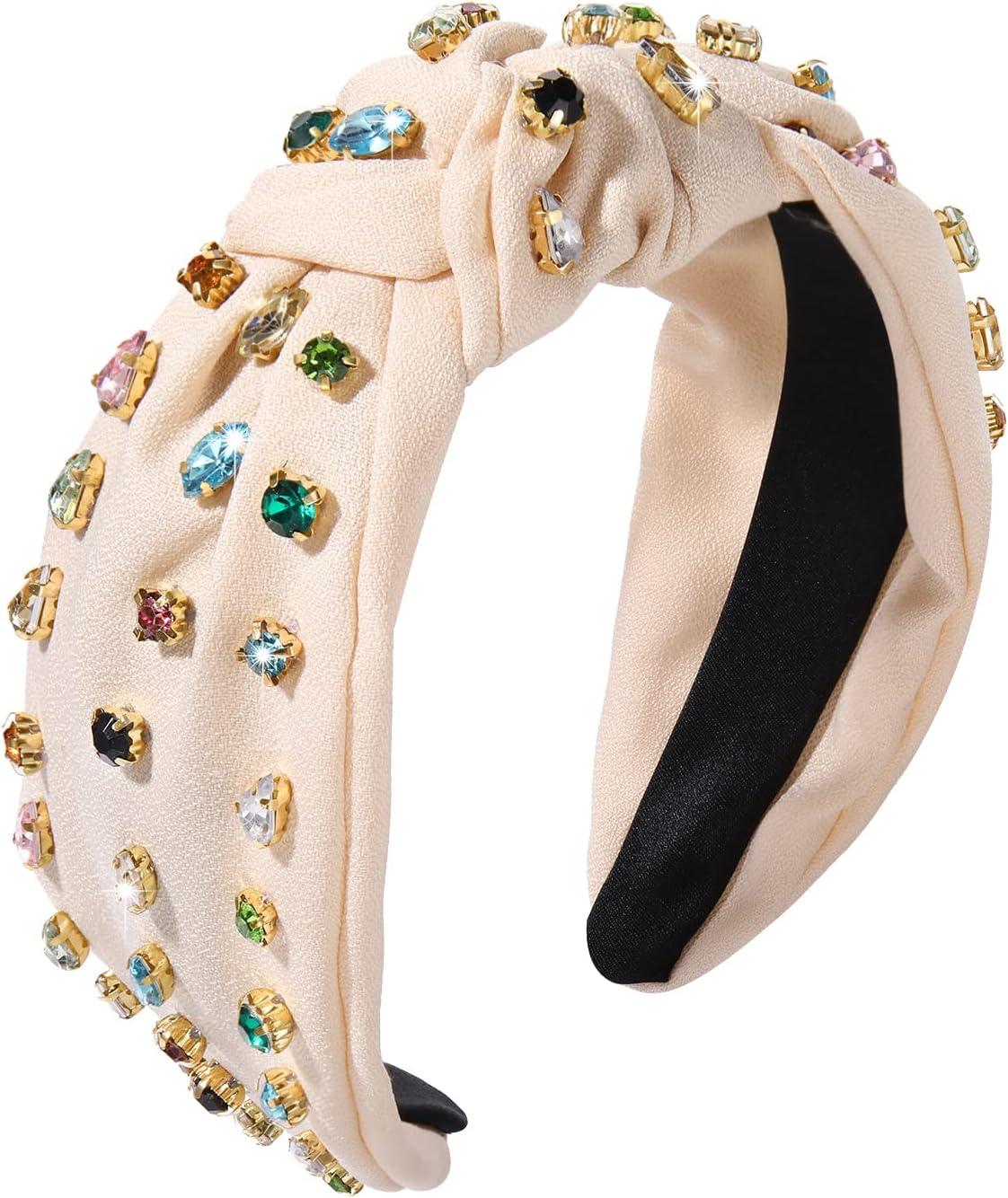NVENF Rhinestone Knotted Headbands for Women, Crystal Beaded Jeweled Headbands, Top Knot Headbands Womens Fashion Hairbands Summer Hair Accessories (B-Beige)