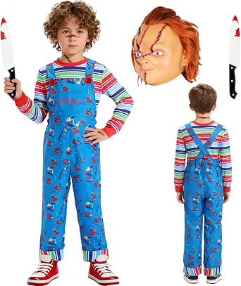 Creepy Doll Costume for Kids Ghost Mask Stripe Top Jumpsuit Halloween Costume Cosplay Props Boys Girls