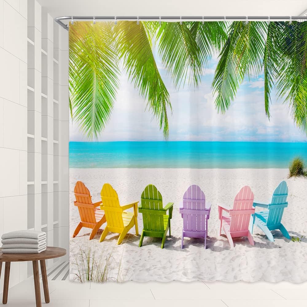 Beach Shower Curtain Summer Ocean Scenery Colorful Beach Chair Tropical Palm Coconut Tree Sea Wave Birds Seaside Nature Bathroom Decor Polyester Fabric Curtains with Hooks 106Wx70H inch