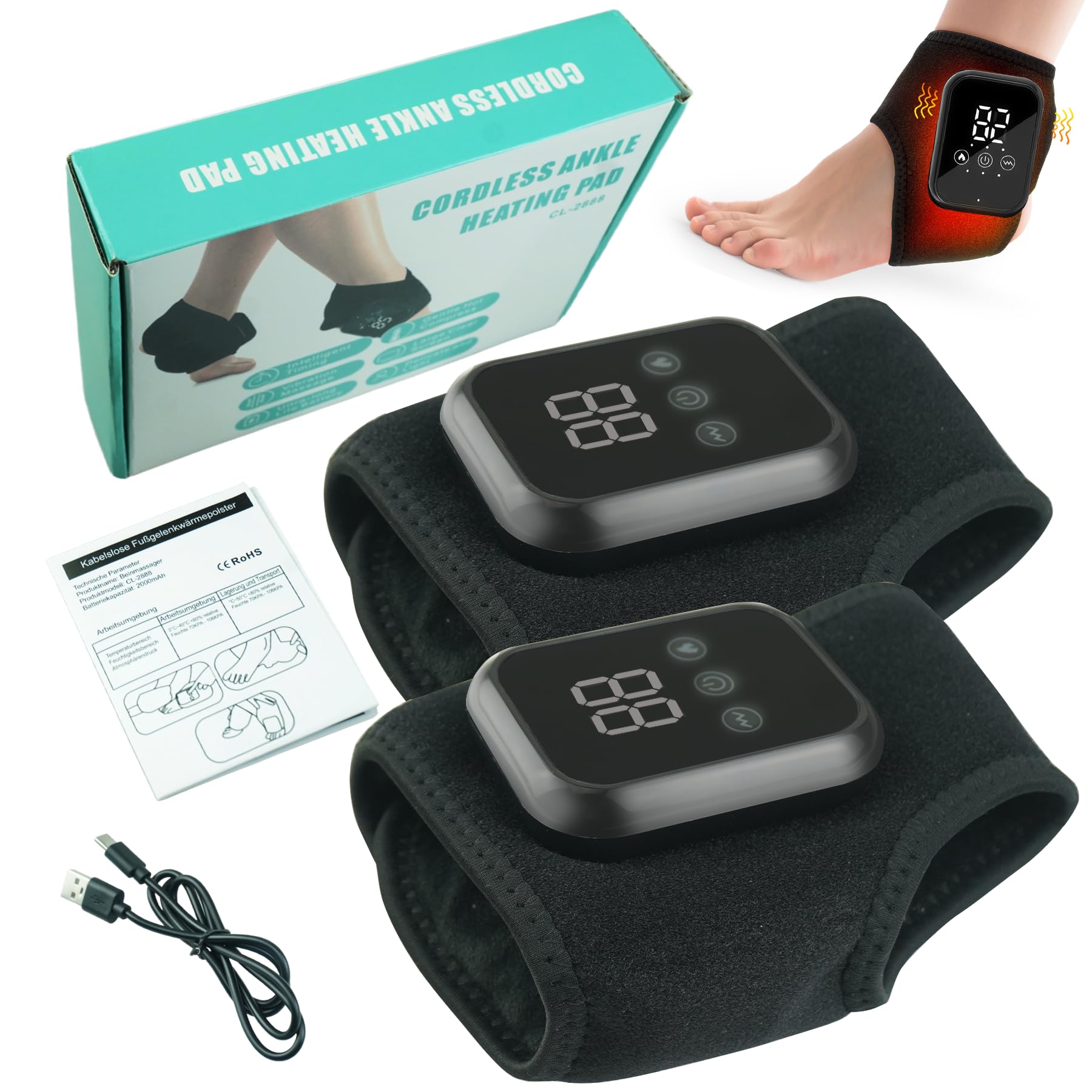 Masseur de cheville, Pour Les Pieds Coussin Chauffant Pour La Cheville Contre La Douleur, Masseur de Cheville Avec Chaleur Pour La Circulation et (Noir (paquet de 2))