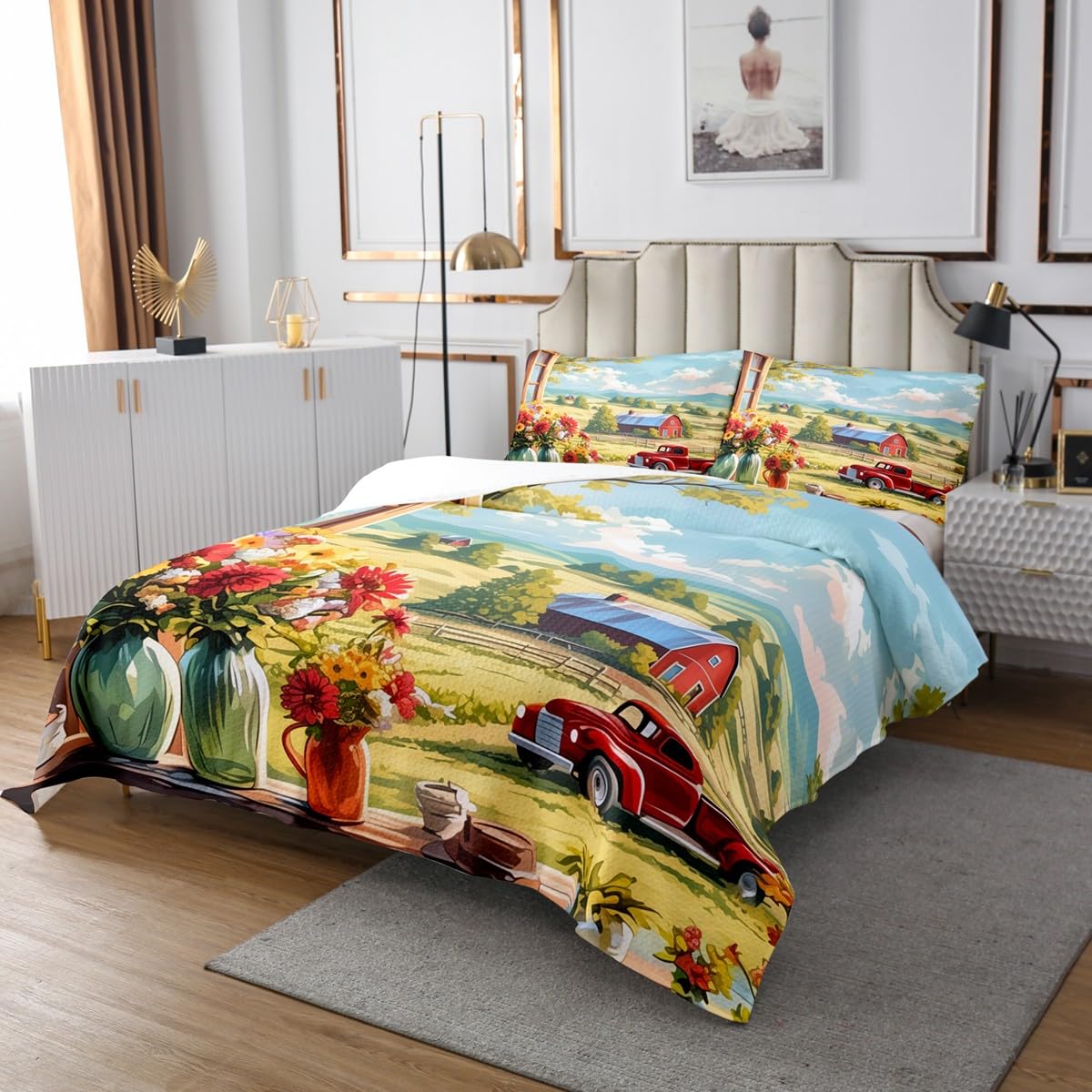 Manfei Rustic Farmhouse Style Bedspread Queen Size,Red Truck Barn Bedding Set for Teens Room Decor,Blooming Flowers Comforter Set Green Blue Red Quilt Coverlet,2 Pillowcase