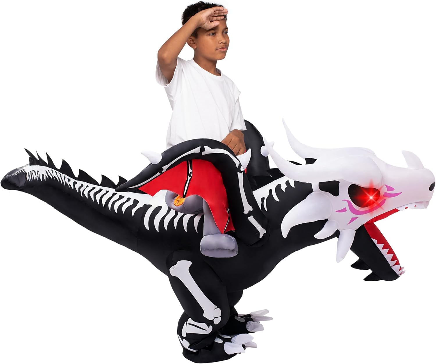 Spooktacular Creations Halloween Dragon Skeleton Inflatable Costume Kids, LED Light Eyes Skeleton Dinosaur Blow Up Costumes, Ride On Deluxe Set for Halloween Parties(Up to 4ft7'') - Image 3