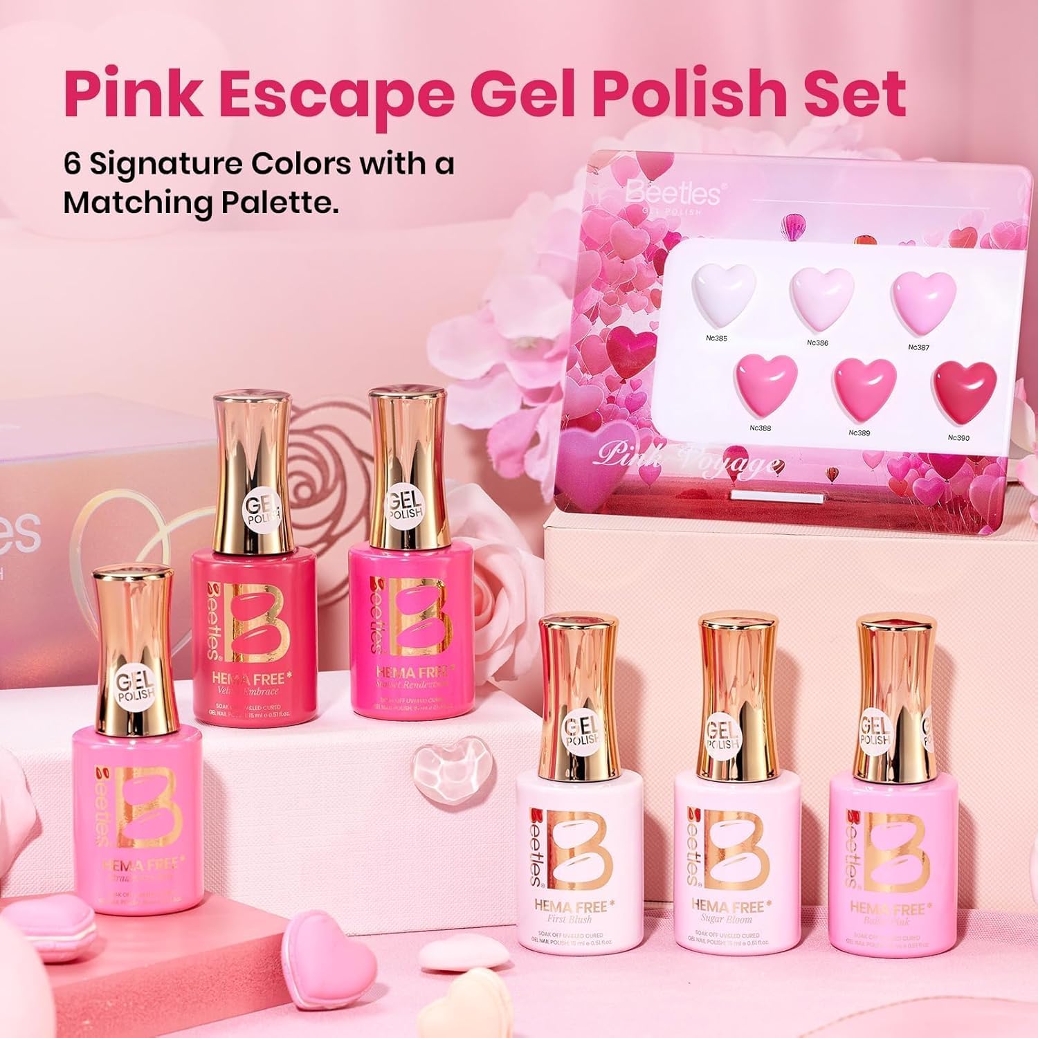 Beetles Pink Gel Polish Set - Pinks Escape 15ML/0.51Fl Oz, 6 Colors Hema Free Pink Gel Nail Polish Set, Same Color Same Bottle, Valentines Nails, Long Lasting Soak Off UV LED Nail Lamp Gifts for Her