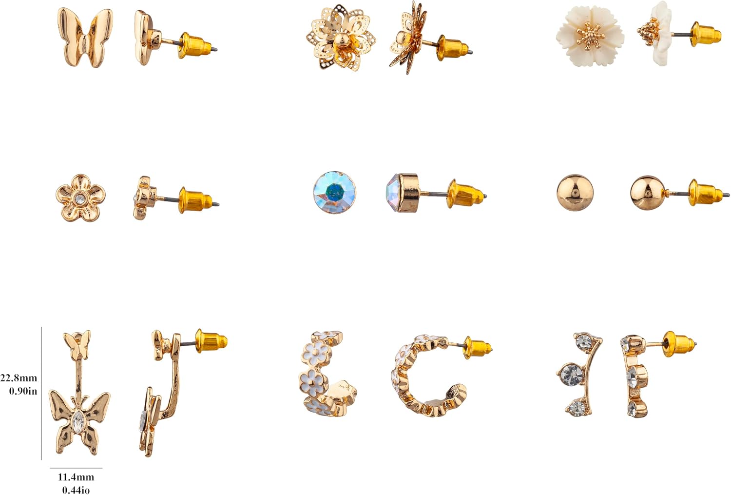 Nicole Miller New York Goldtone Stud Earrings Set, 9 Pairs, Butterfly and Flower Designs