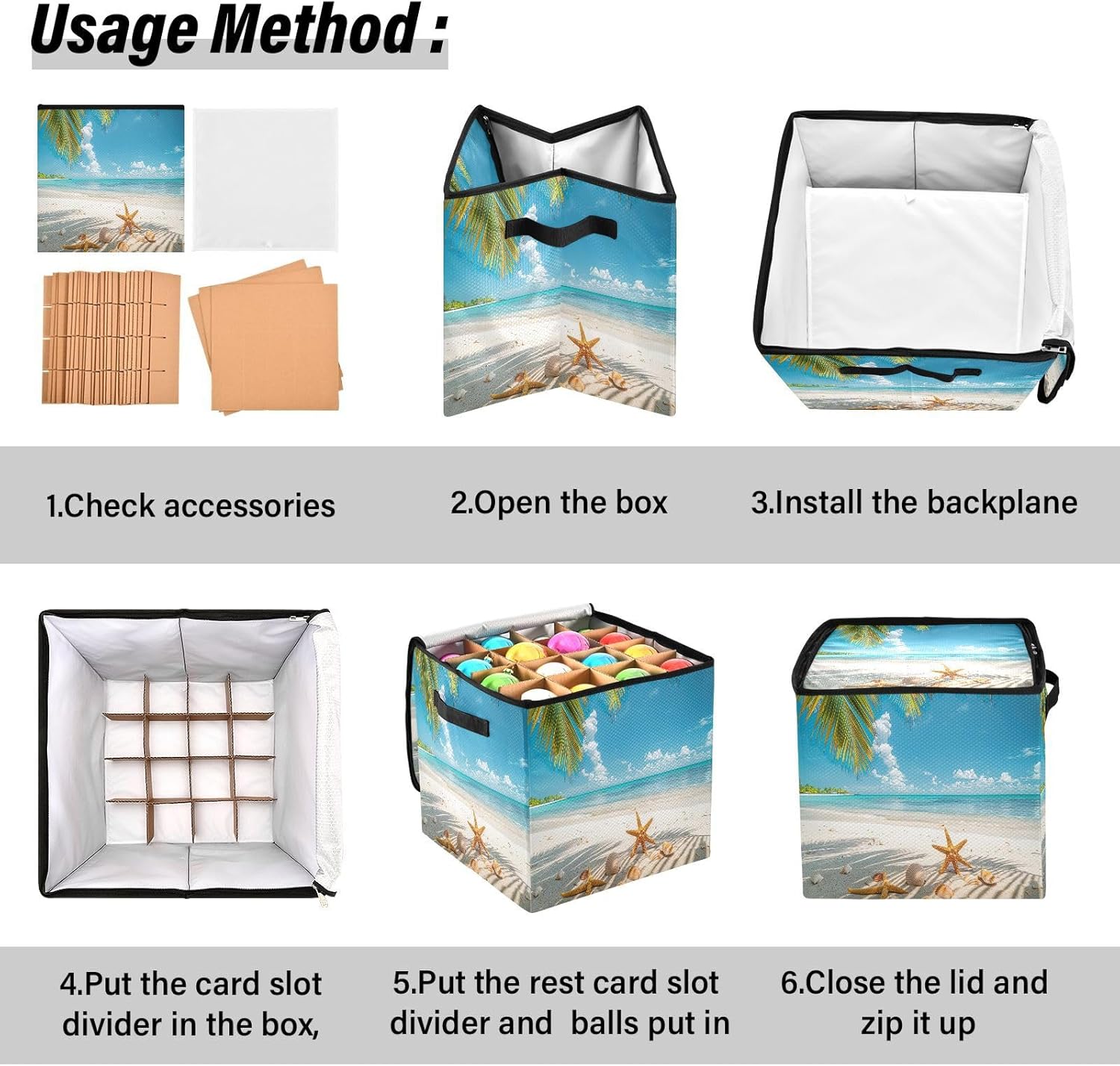 Sunny Beach Scene 13 Inch Christmas Ornament Storage Box with Lid - Holiday Decor Storage Containers, Stores 64 Ornaments, 3 Inch Cube Compartments