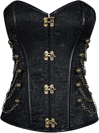 Charmian Womens Steel Boned Steampunk Gothic Bustier Corset with Chains | Overbust Corset, Premium Brocade & Leather, Clasp Closure, Lace-up Back