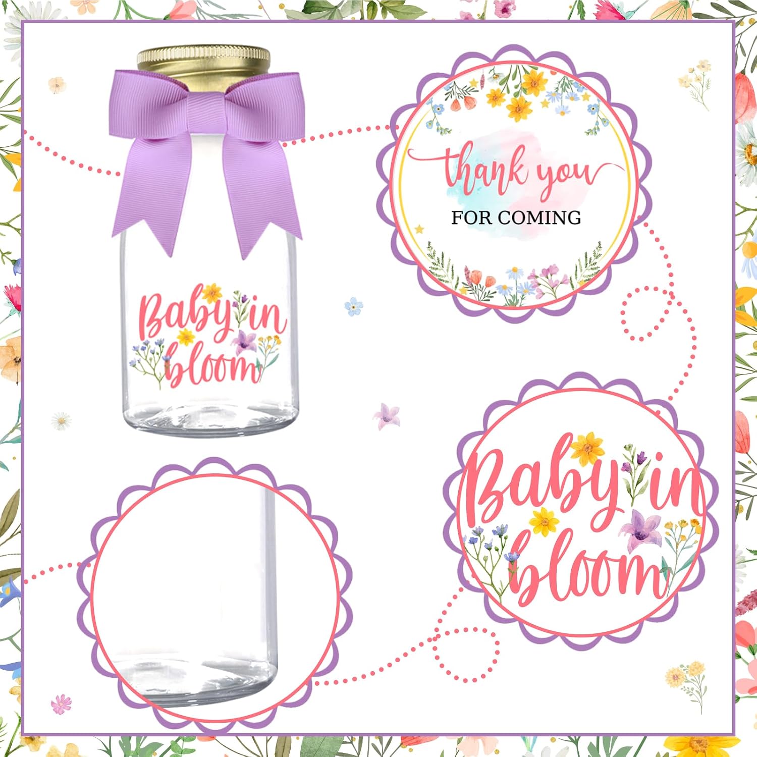Serencatcher 24 Pack Baby in Bloom Candy Bottles Jars with Ribbons and Thank You Stickers Wildflower Baby Shower Party Favor Jars Table Centerpieces for Baby in Bloom Baby Shower Decorations Purple