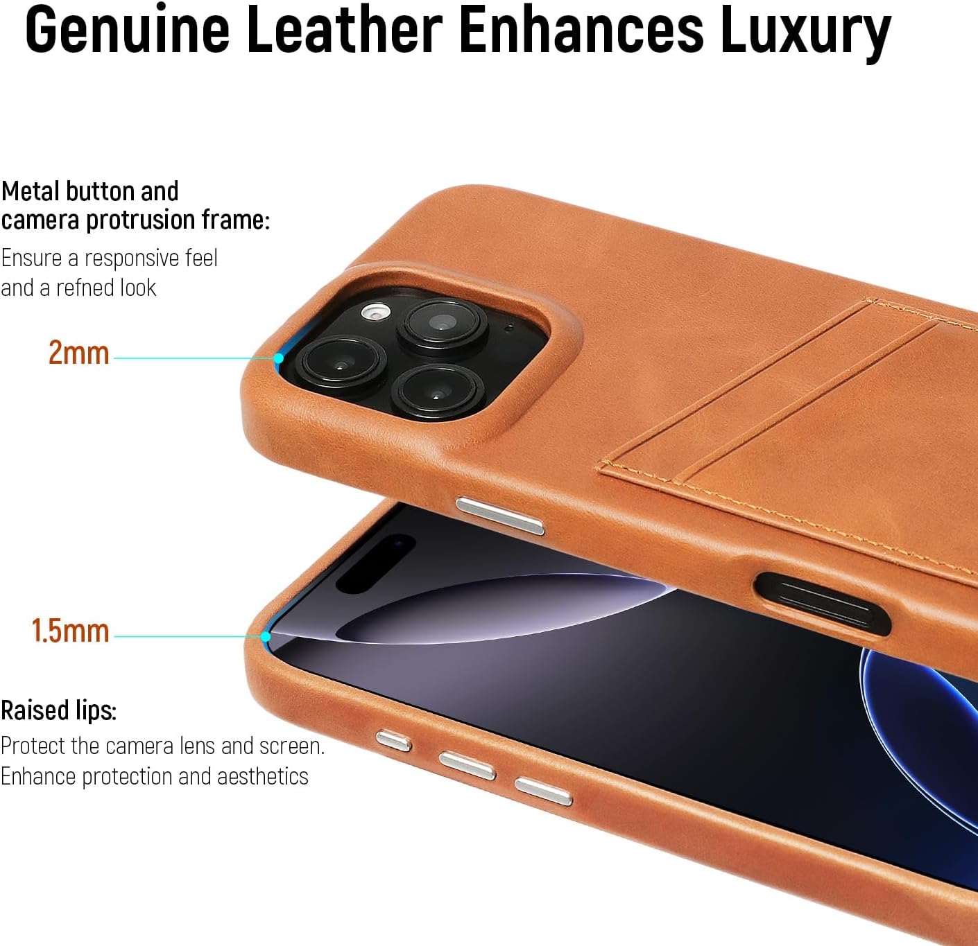 LUCKYCOIN Genuine Leather Wallet Phone Case for iPhone 16 Pro Max, Phone Purse with 2 Credit Card Holder, Compatible with iPhone 16 Pro Max, Metal Button Bumper Protective Shockproof Cover TAN