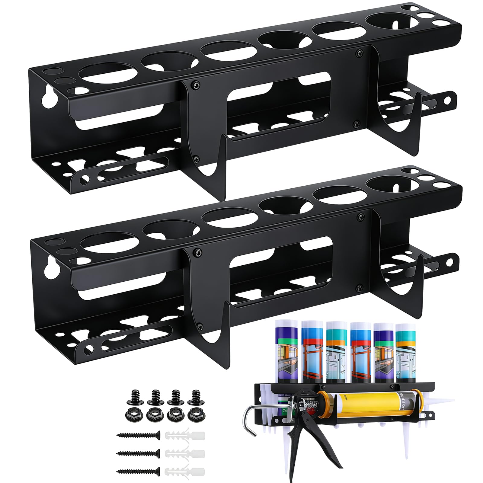 Silikonhalter, 2PCS Silikonkartuschenhalter Metall Wandregal Multifunktional Spraydosenhalter Handkartuschenregal mit 2 Haken Werkstatt Halterung für Kartuschen 6 Schlitzen für Zuhause Garage