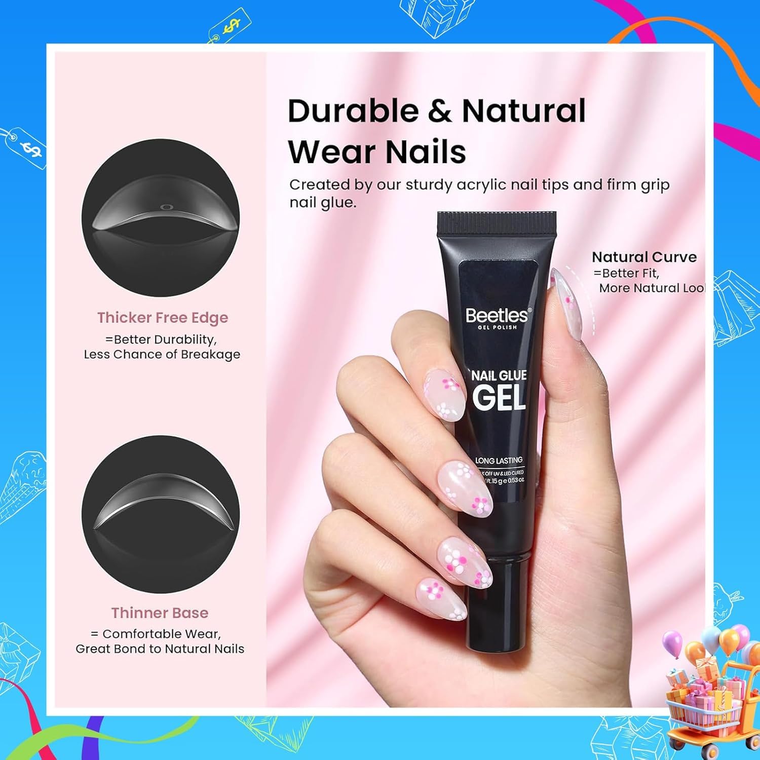 Beetles Gel Nail Kit Short Almond Gift Spree, with Dehydrator and Primer, 576Pcs Half Matte Etch-X Gel Nail Tips Solid Nail Glue Mini Lamp Acrylic Tips Easy DIY Extension Set Gift for Women