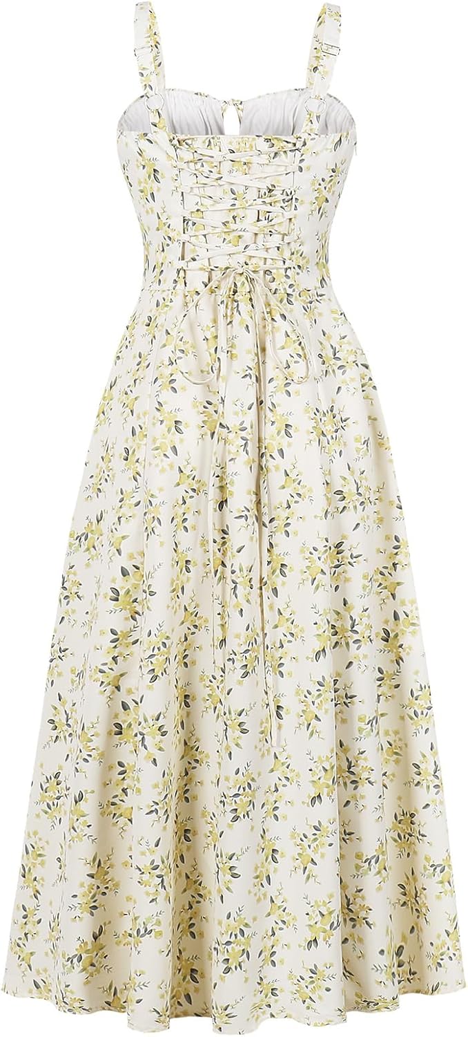 Women Floral Corset Dress, Boho Summer Spaghetti Straps Square Neck Casual Midi Dress Flowy Slit Bustier Dresses