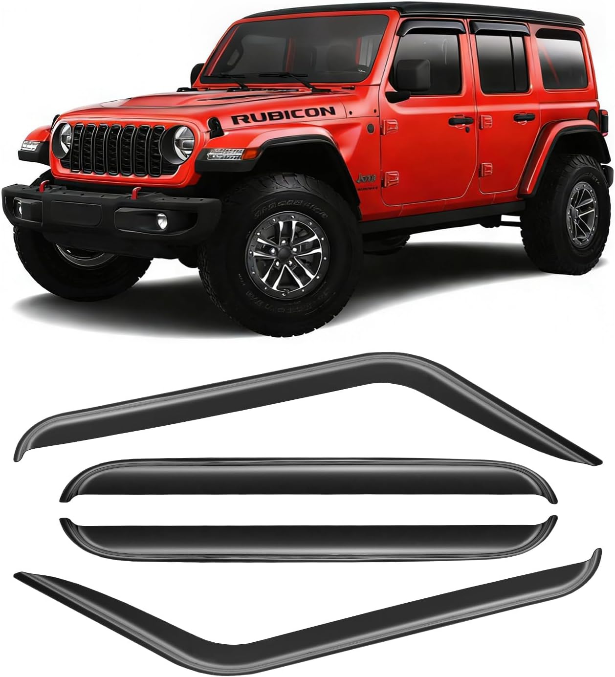 Window Rain Guards for 2018-2025 Jeep Wrangler JL/ 2020-2025 Jeep Gladiator, Window Visor Guard Vent Wind Shade Deflector Rain Shield Protector Sun Visor Durable, Tape-on/Outside-Mount, 4 Pieces