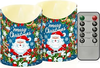 Outdoor Flameless Candles, Christmas Santa Claus Wreath LED Candles, Battery Operated Candles with Remote and Timers, Set of 2, 6"x3"
