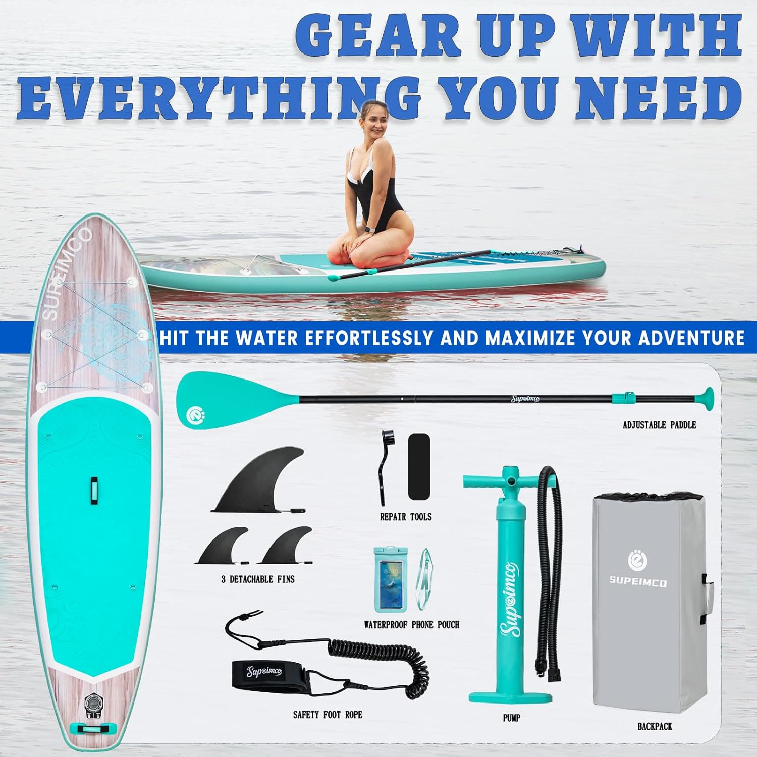 Inflatable Stand Up Paddle Board - Upgraded Glue-Free Hot Melt Technology, Long Service Life, 10'6", Anti-Slip EVA Deck, Full SUP Accessories, Included for Adults Youth All Skill Levels