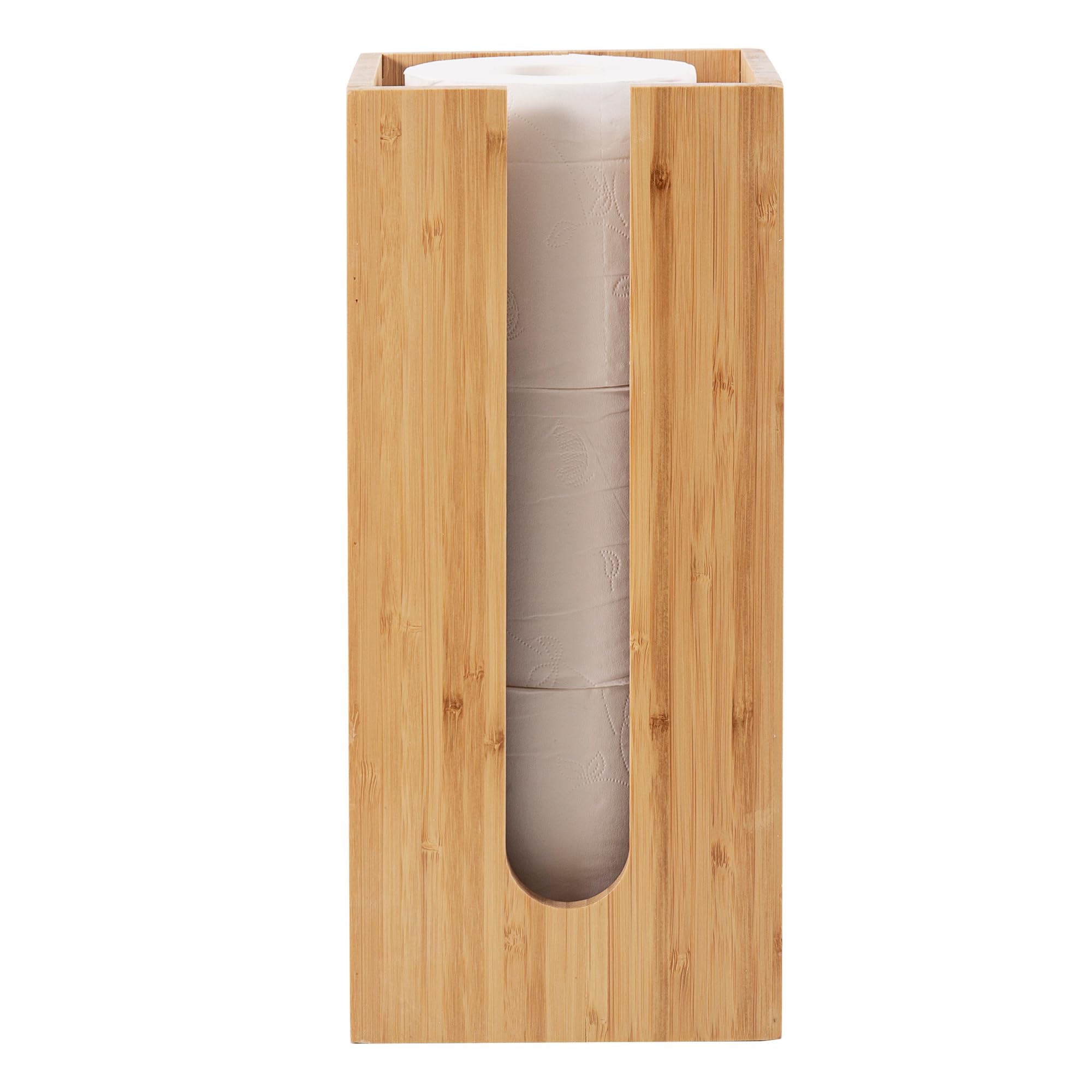 Vencier Bamboo Free-Standing Toilet Roll Holder with Round/Square Base, Stylish Toilet Paper Storage Stand for Bathroom & Toilets (Square)