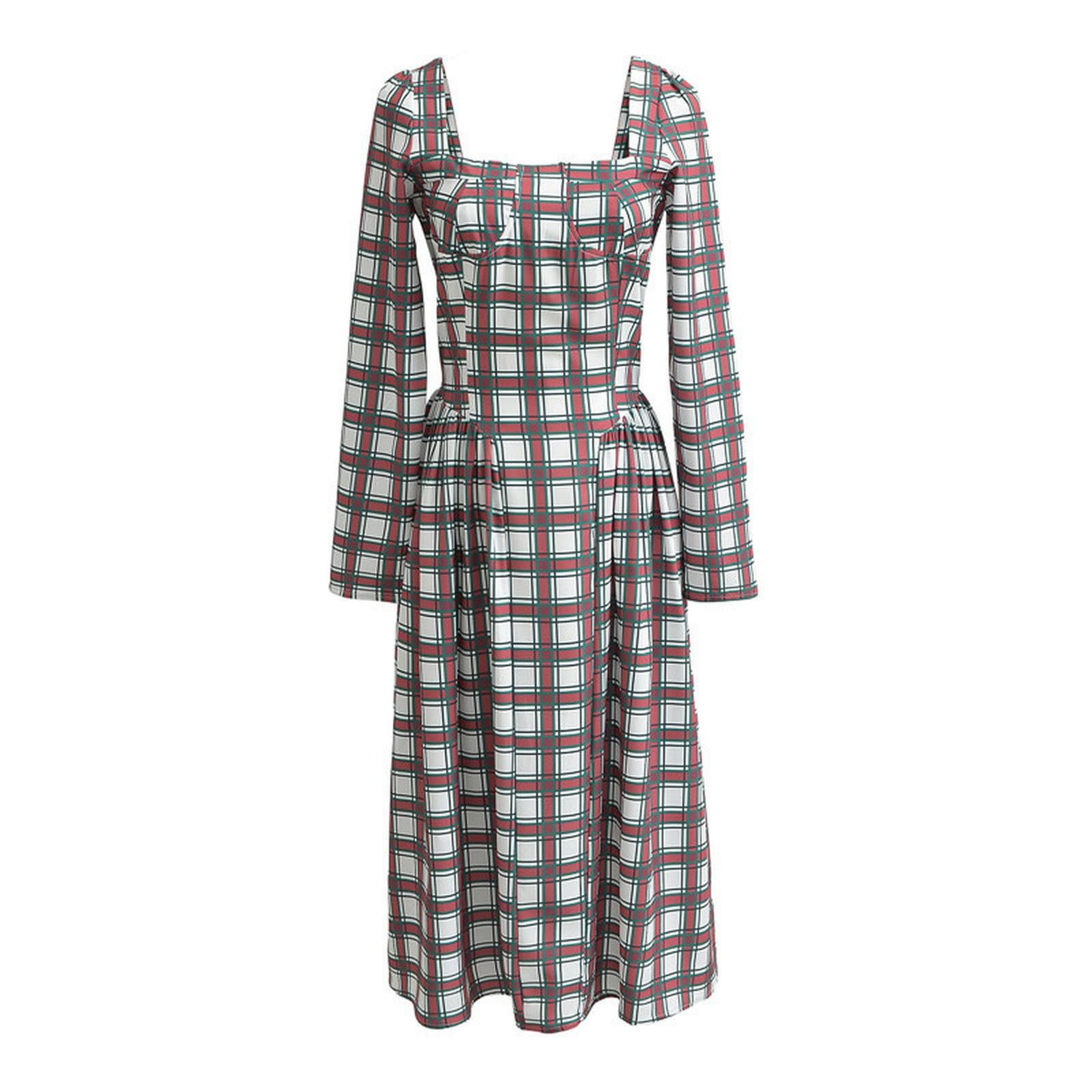 Robe jupe large à carreaux de printemps mi-longue et cintrée pour femme
