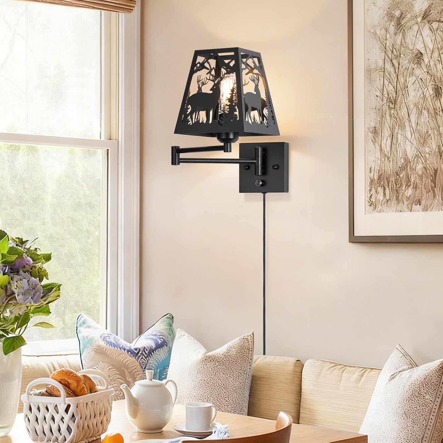 Rustic Dimmable Plug in Deer Wall Sconces, Swing Arm Wall Lamp with Plug in Cord and On/Off Dimmer Rotary Switch Suitables for Bedside, Bedroom, Living Room, Reading, Hallway