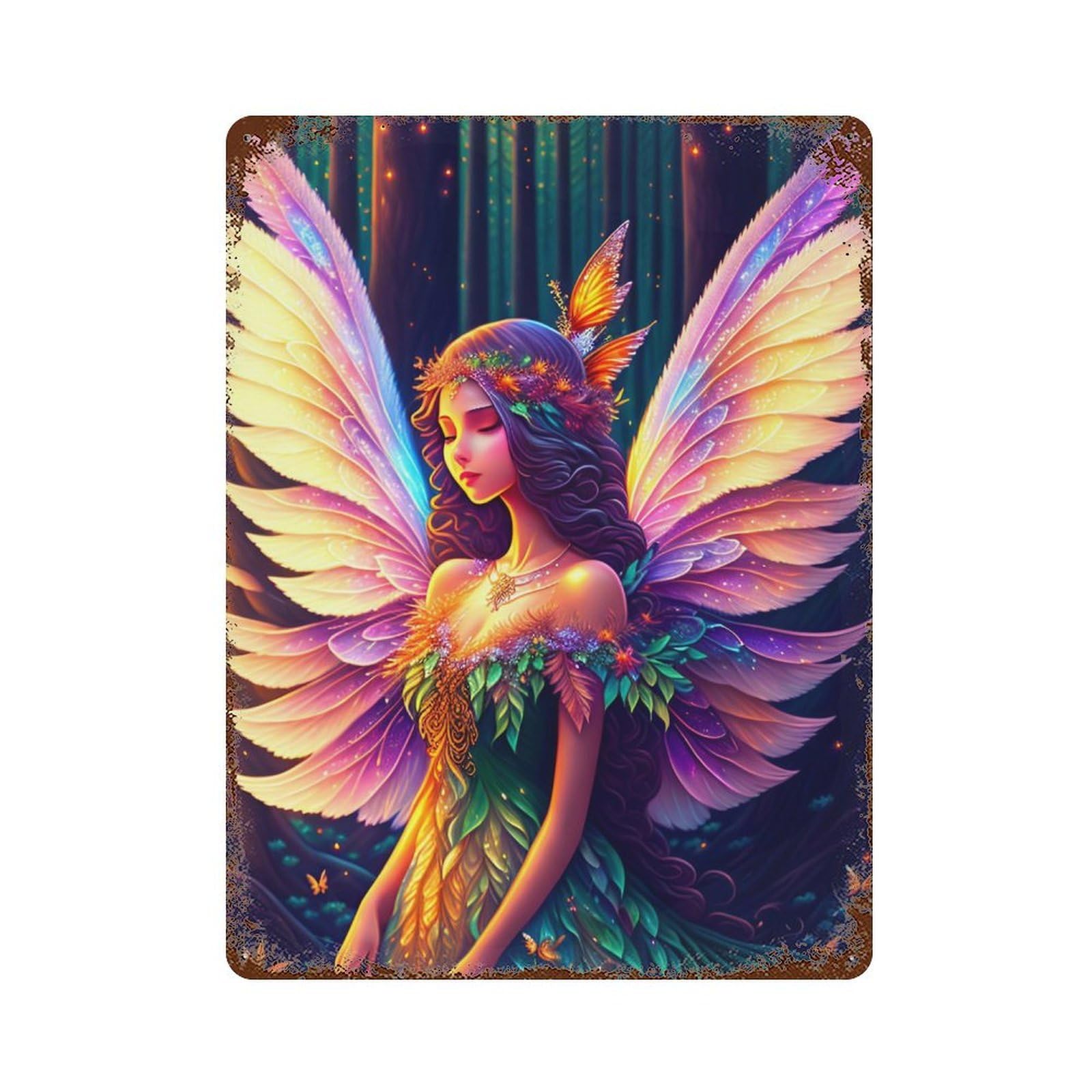 Enchanted Forest Fairy Wings 15.7"x11.8" Vintage Rust Metal Sign, Decorative Metal Wall Art for Bistro, Counter And Cafe Decor