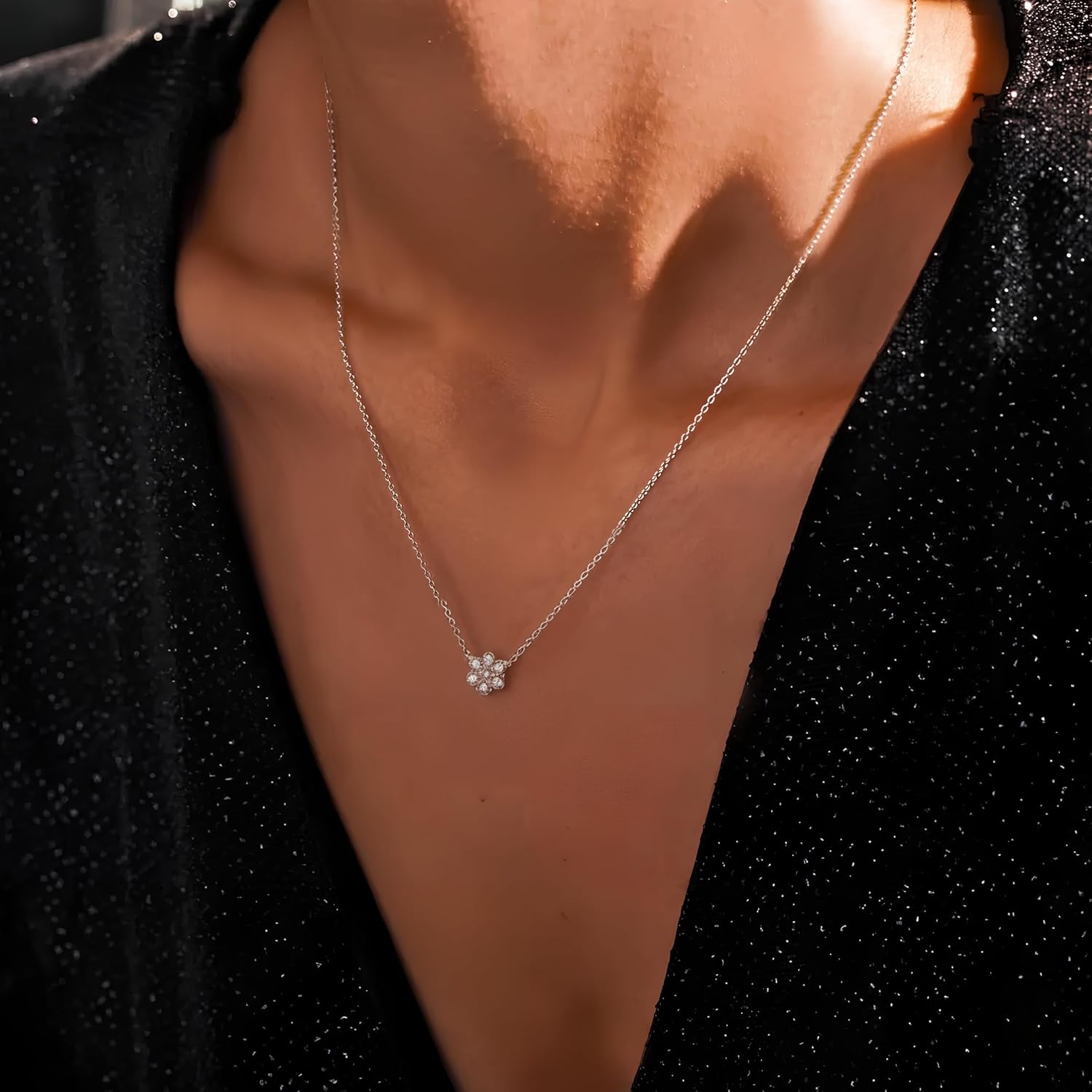 Dainty 925 Sterling Silver CZ Flower Necklaces for Women 14k Gold Floral Pendant Necklace Snowflake Charm Minimalist Diamond Simulant Jewelry Gift for Her - Image 2