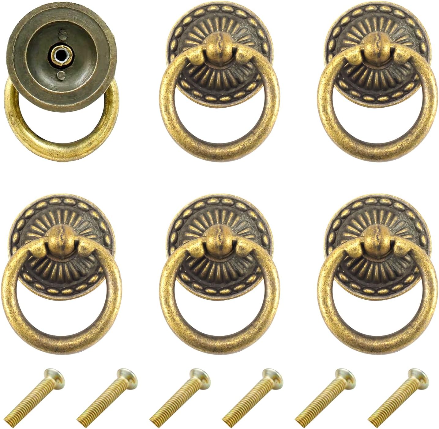 Chris.W 6pcs Vintage Bronze Drop Ring Knobs Pulls Handles for Dresser Drawer Antique Drawer Pull Ring Single Hole Decorative Hardware with Screws for Furniture Cabinet Cupboard (Round)