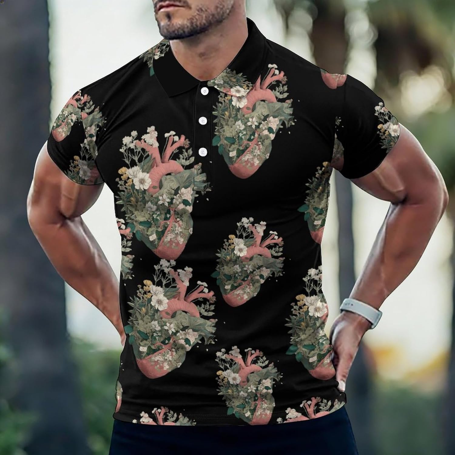 Botanical Heart Golf Polo Shirts for Men Casual T Shirts 5X-Large