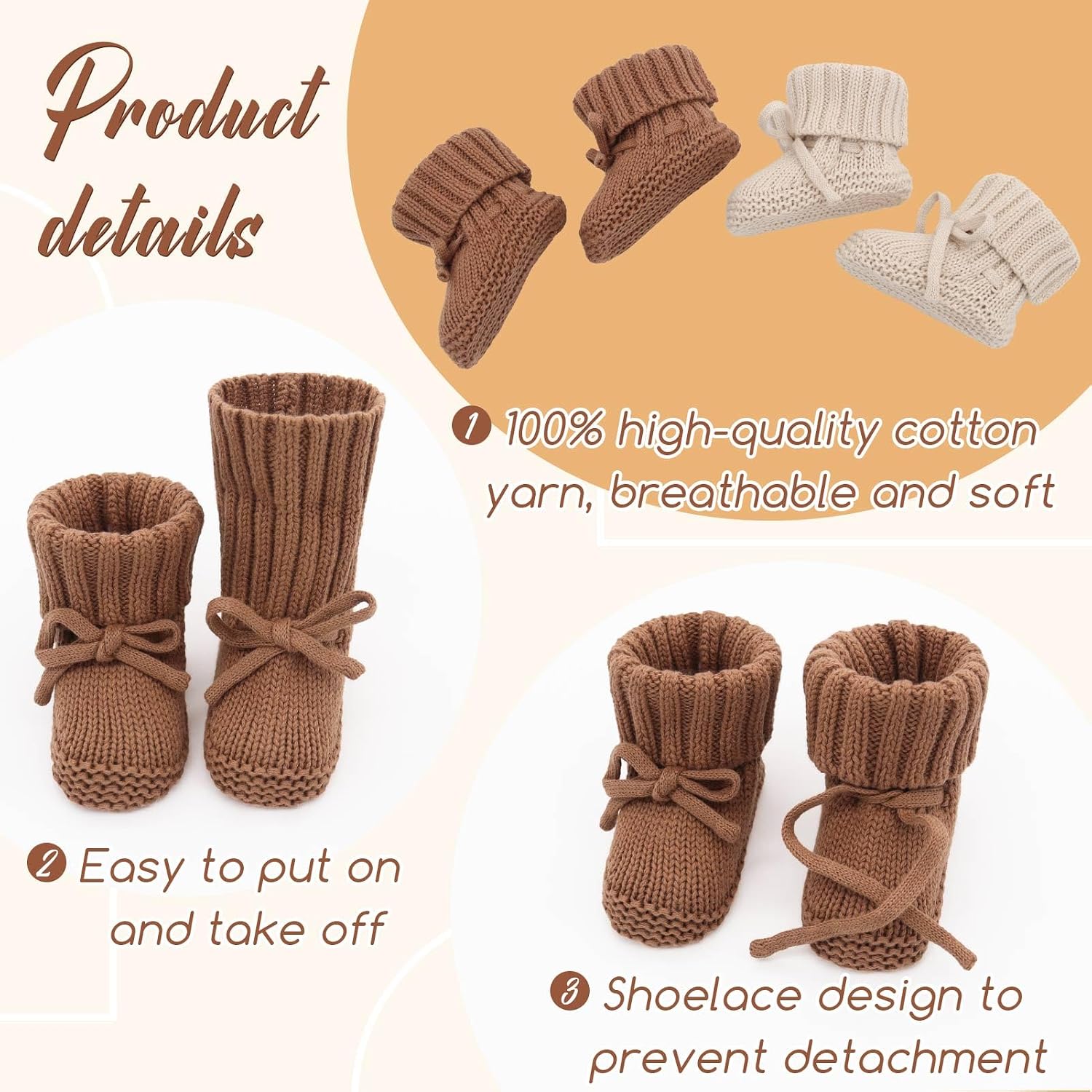 LifeTree Baby Knit Booties-2 Pairs, Cozy Cotton Handmade Crochet Baby Shoes, Newborn Winter Booties 0-6 Months for Boys & Girls, Warm Soft Baby Infant Socks