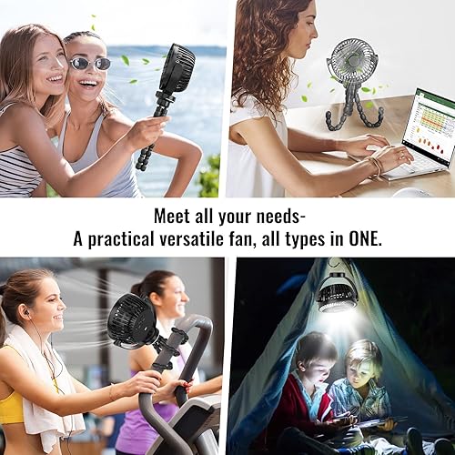 Miniatura 7 de GetBreeze Ventilador portátil a pilas con luces LED, ventilador de cochecito de bebé con trípode extraíble, ventilador de mano portátil, ventilador