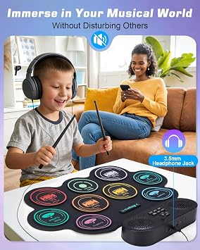 Anpro Electric Drum Set Bluetooth: 9 Drum Pad with Dual Stereo Speakers, Roll-up Electronic Drum Kit with Drum Pedals Drum Sticks, Support Headphone/MIDI Practice, Gift for Children and Adult Beginner | Roll-up, Dual Stereo Speakers,Support Headphone/MIDI Practice, with Drum Pedals Drum Stick, for Kids