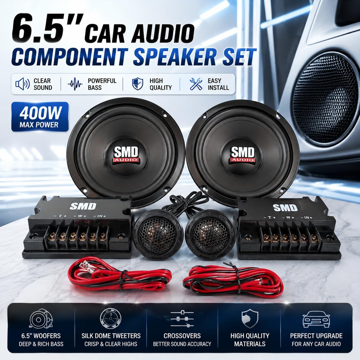 6.5 Inch 2 Way Car Component Speaker System, Full Range Car Audio Speakers with Silk Dome Tweeters and Passive Crossovers, 4 Ohm High Sensitivity Car Door Speakers Universal for Car Stereo OEM Upgrade