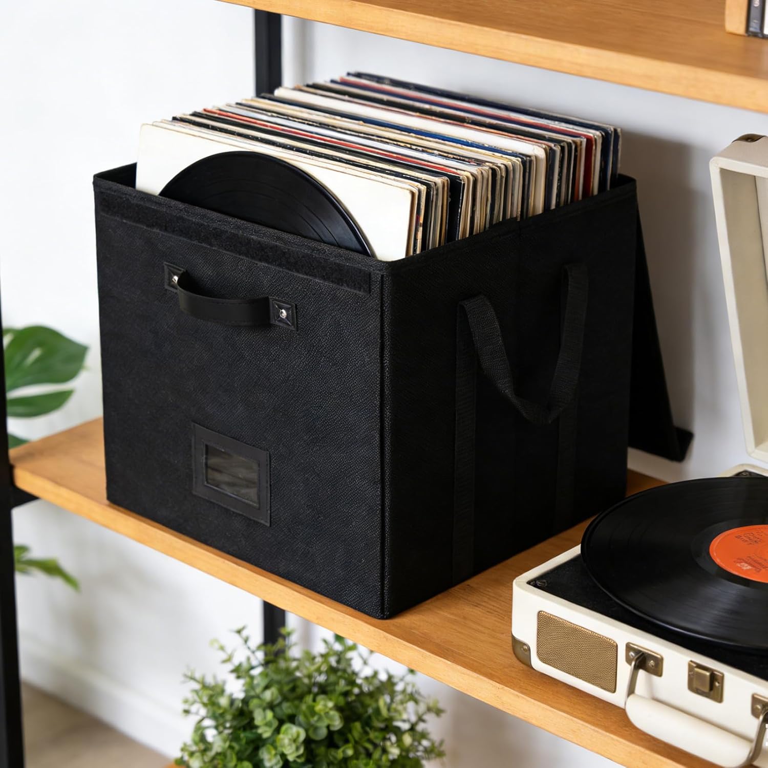 Garvee Set of 3 Vinyl Record Storage Boxes, Non-Woven Stackable Record Holder with Lid and Handles, LP Storage Organizer for Valuable Album Collection, Black