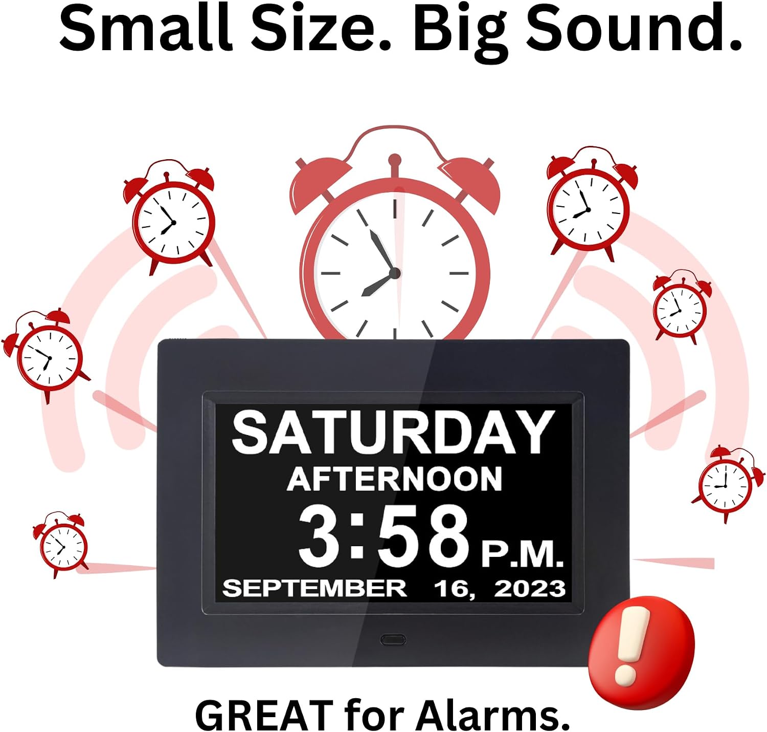 Azpen 7 Inch Digital Calendar Alarm Clock for Seniors - Large Display, Auto Dimming, Multiple Alarms, Easy-to-Read Day Date Clock, Black