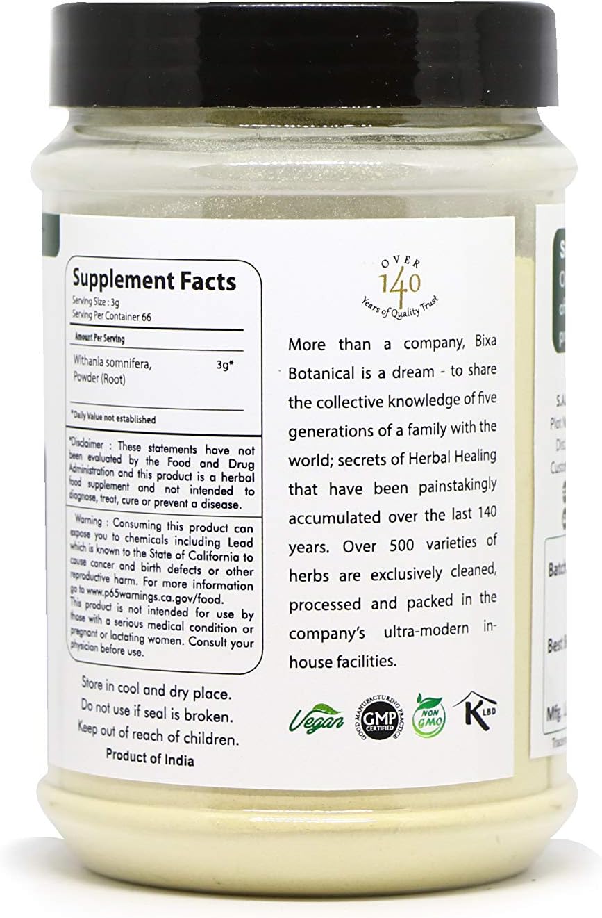 bixa BOTANICAL Ashwagandha Root Powder (Withania Somnifera Root) (7 Oz / 200g), Pack of 1