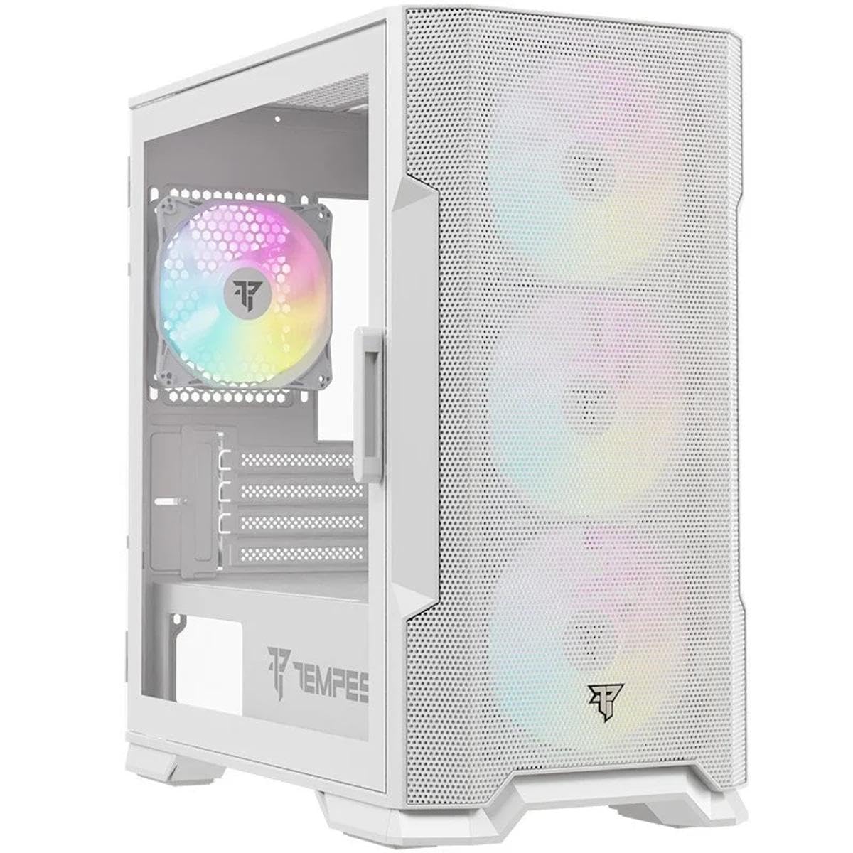 Tempest Stockade Caja PC, M-ATX/ITX, ARGB, USB 3.2, 4 Ventiladores Incluidos, Cristal Templado con Apertura Bisagra, GPU 345mm, Radiador 240mm, Torre Gaming Blanca