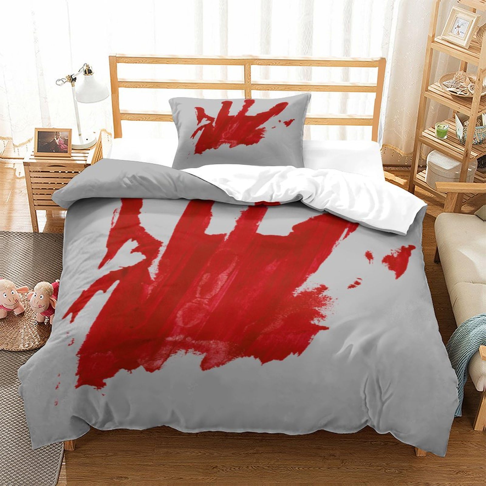 P1S9U7W5Y Contemporary Red Abstract 3D Printed Duvet Cover Set 3pcs Microfiber Grey Artistic Bedding Set Single（135x200cm）