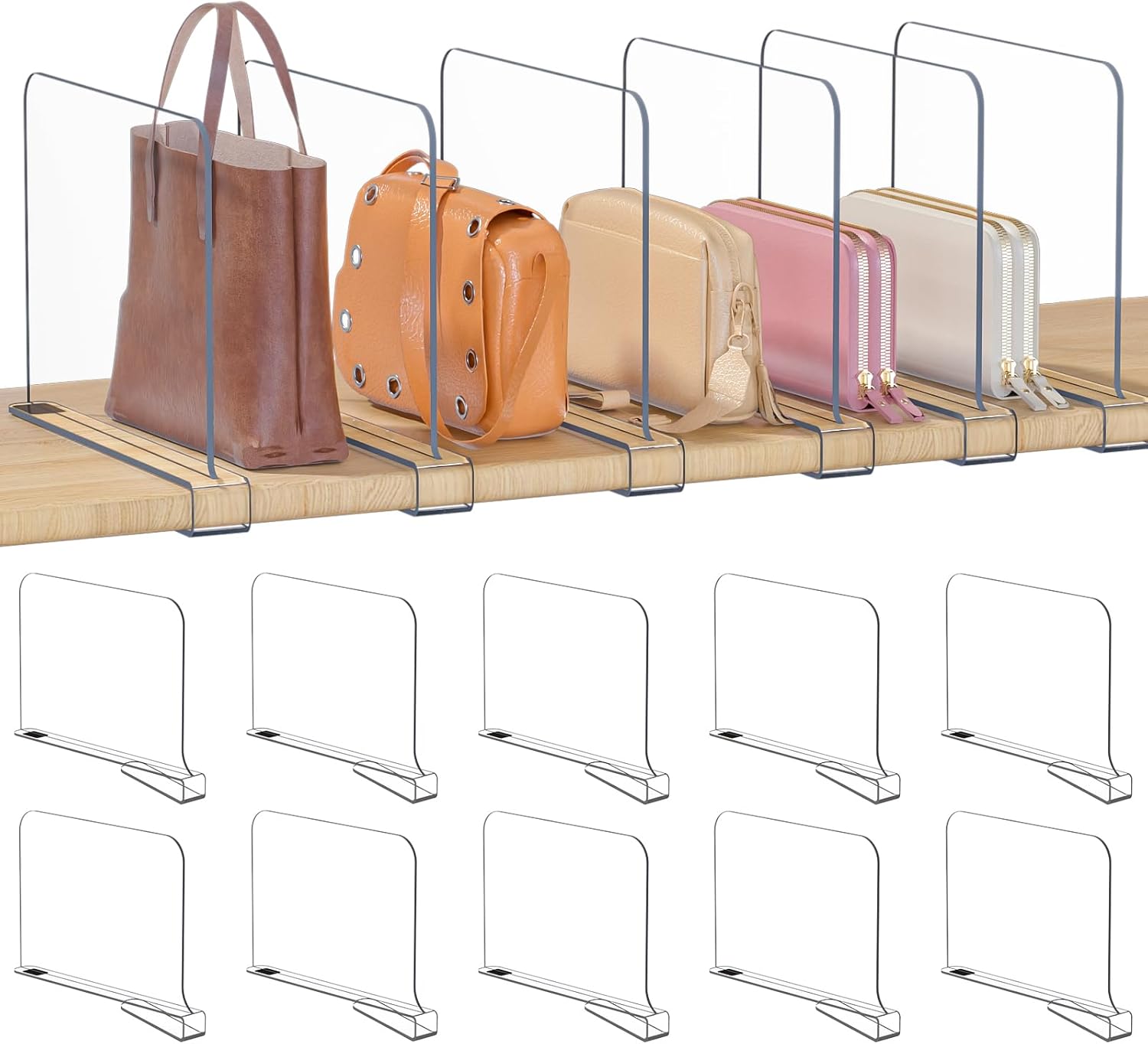 Acrylic Shelf Dividers for Closet Organization: Clear Removable 10/11.8" Tall X 11.8/10" Deep Clipless Separators 6 Pack for All Cabinets, Vertical Adjustable Storage Clothes, Purse, Bag Organizer