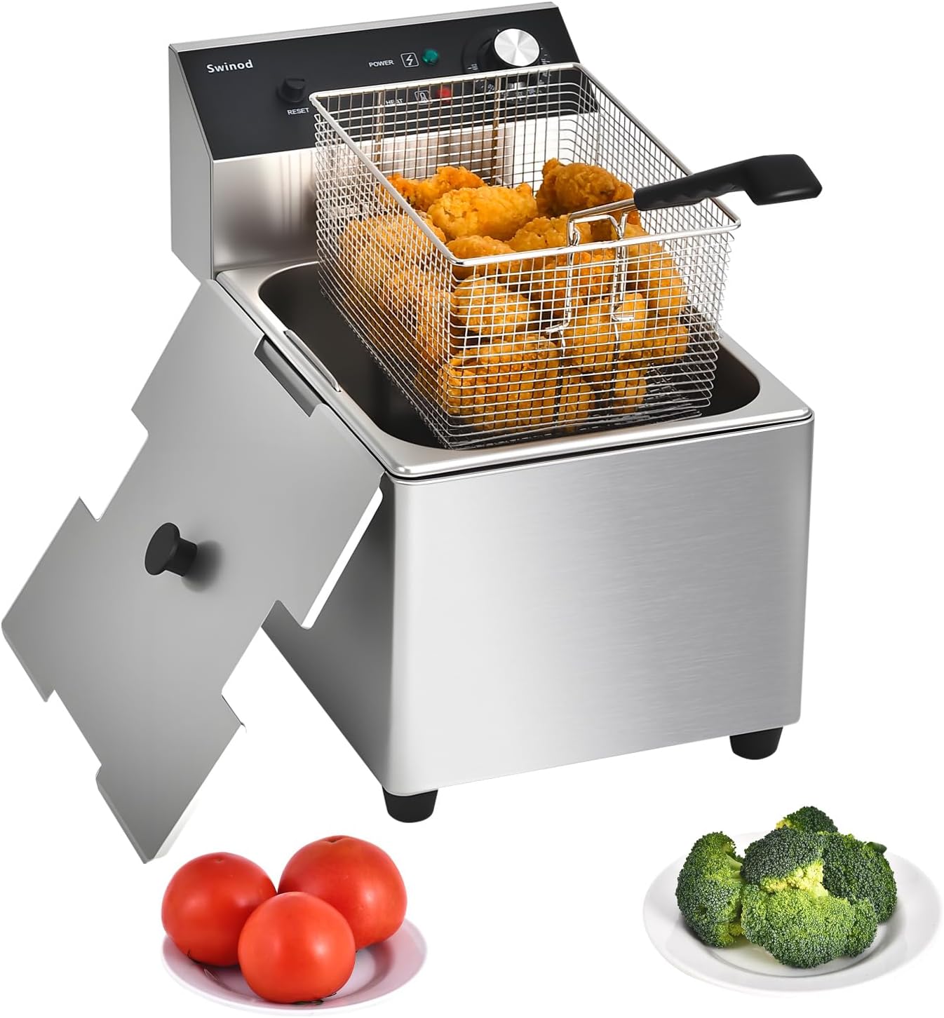 Commercial Deep Fryer with Basket, 1700w 14Qt 0.6mm Thickened Stainless Steel Countertop Electric Fryer for Home and Commercial Use, Oil Fryer with Double Overheat Protection
