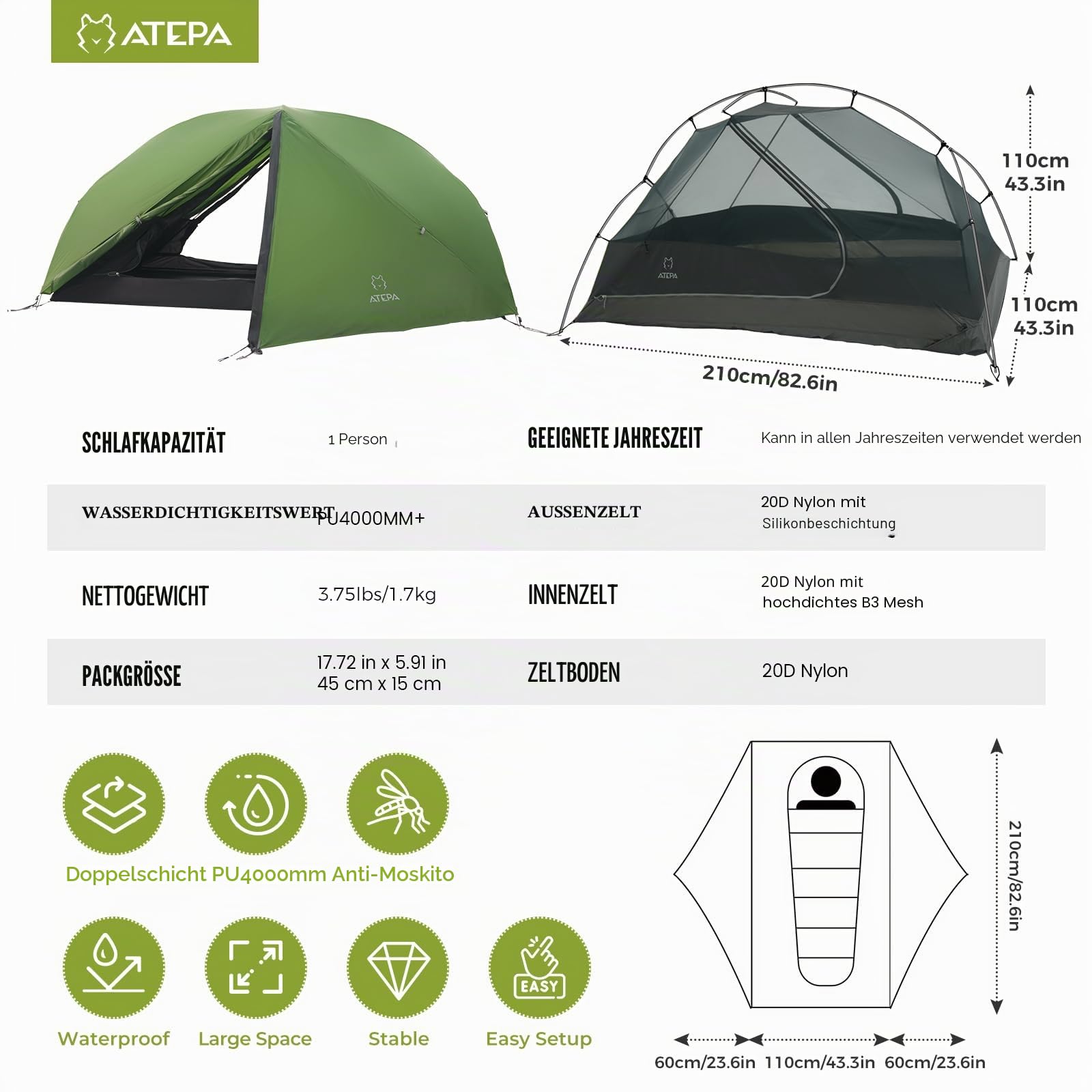 ATEPA 1 Person Ultraleicht Rucksackzelt Wasserdicht Einzelperson Camping Zelt Doppelschicht Solo Zelt für Camping Wandern Rucksackreisen