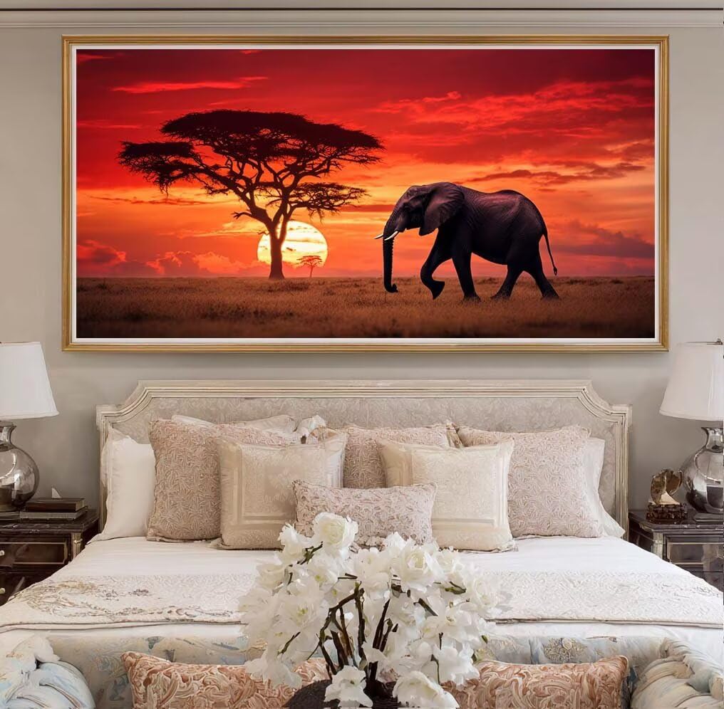 Diamond Painting Kits for Adults, 5D Diamond Art Elephant 40x70cm, DIY Large Sunset Dimond Art kits Adults, Full Drill Crystal Rhinestone Embroidery Canvas Gem Art Craft for Home Wall Decor (DP366)