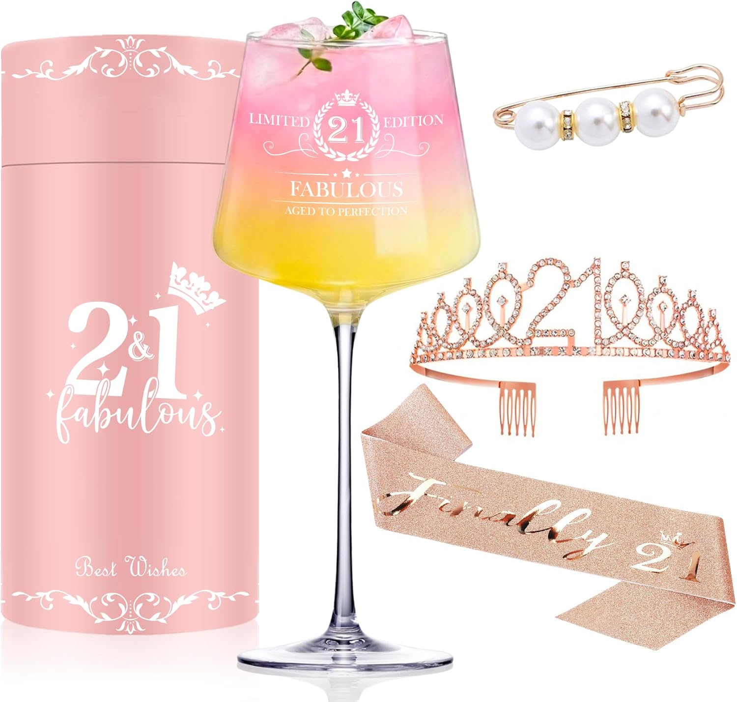 21st Birthday Gifts for Her,Unique Engraved 21st Wine Glass,21 Year Old Birthday Decorations For Her,21&Fabulous Sash and Tiara For Women,Friends,Sister-Turning 21th Party Favor Supplies
