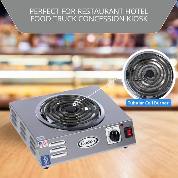 Cadco CSR-3T 14 Electric Portable Countertop Hi-Power Hot Plate with One Tubular Burner, Stainless Steel, 120 Volts | Stainless steel base and 8-inch tubular coil. Safely supports 15 lbs. Ideal for large pressure canners and heavy cast iron
