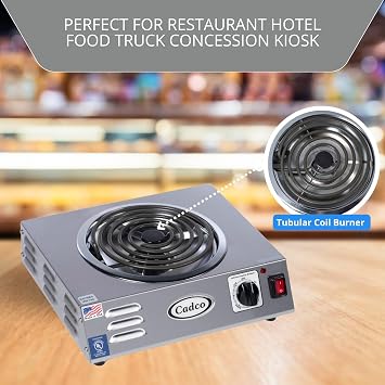 Cadco CSR-3T 14 Electric Portable Countertop Hi-Power Hot Plate with One Tubular Burner, Stainless Steel, 120 Volts | Stainless steel base and 8-inch tubular coil. Safely supports 15 lbs. Ideal for large pressure canners and heavy cast iron