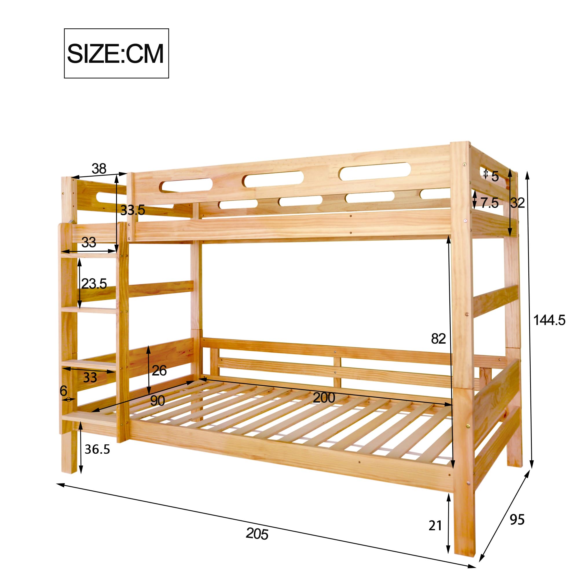 Idemon Letto a castello per bambini e ragazzi, letto suddiviso in 2 letti singoli, robusto telaio in legno di pino, montaggio semplice, naturale, 90 x 200 cm