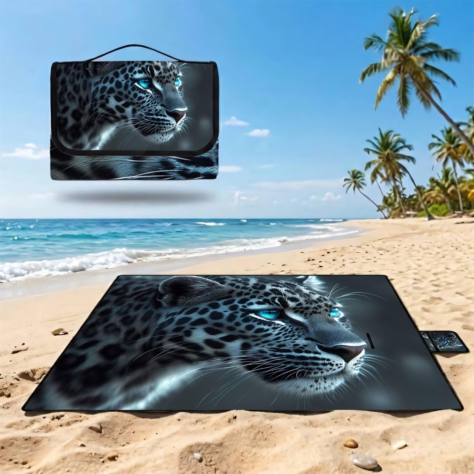Couverture Pique Nique Grande 200x300cm,Outdoor Couverture Imperméable,Pliable Tapis de Plage Dos en PVC,Picnic Blanket pour Camping Accessoires,Jardin,Parc,Famille - Léopard,Animal (2) UZ-308