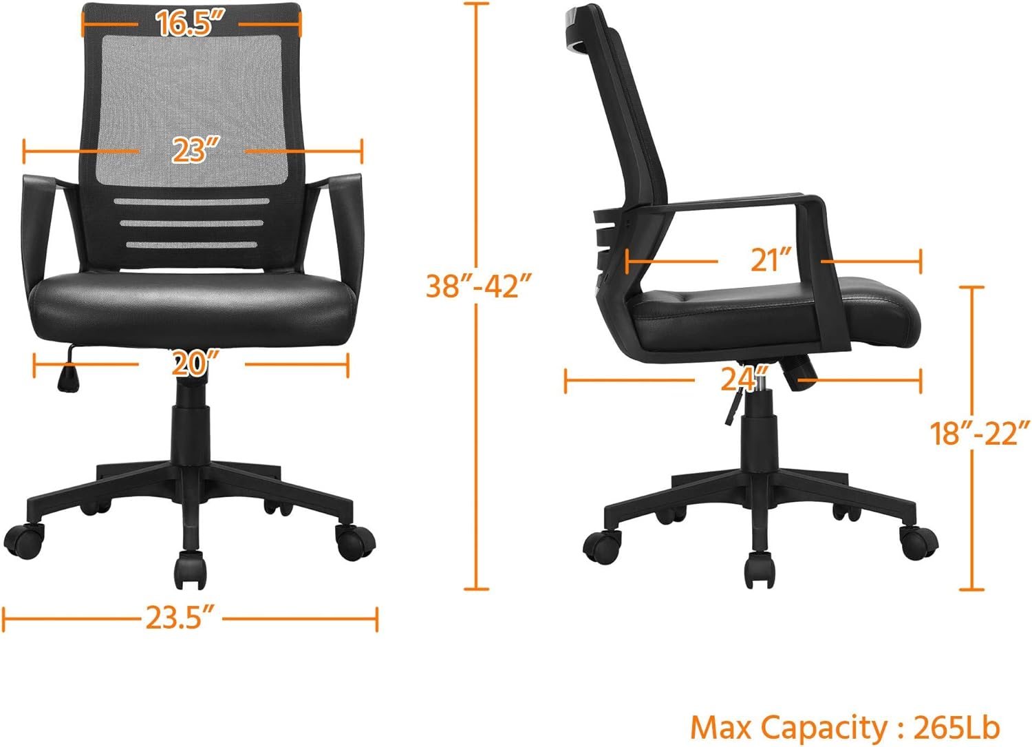 Diagram showing the dimensions of the Yaheetech office chair