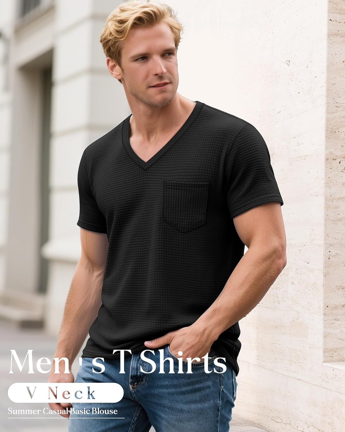 Huukeay 3 Pack Men's Waffle Shirts V Neck Tee with Pocket Short Sleeve Textured Knitted Summer Casual Basic Tops - Image 3