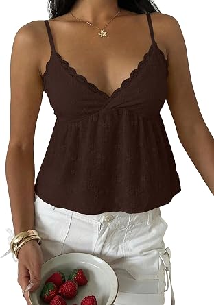 Cioatin Women Sheer Floral Lace Babydoll Cami Sleeveless V Neck Lace Trim Ruffle Peplum Crop Tank Tops Y2K Summer Outfits