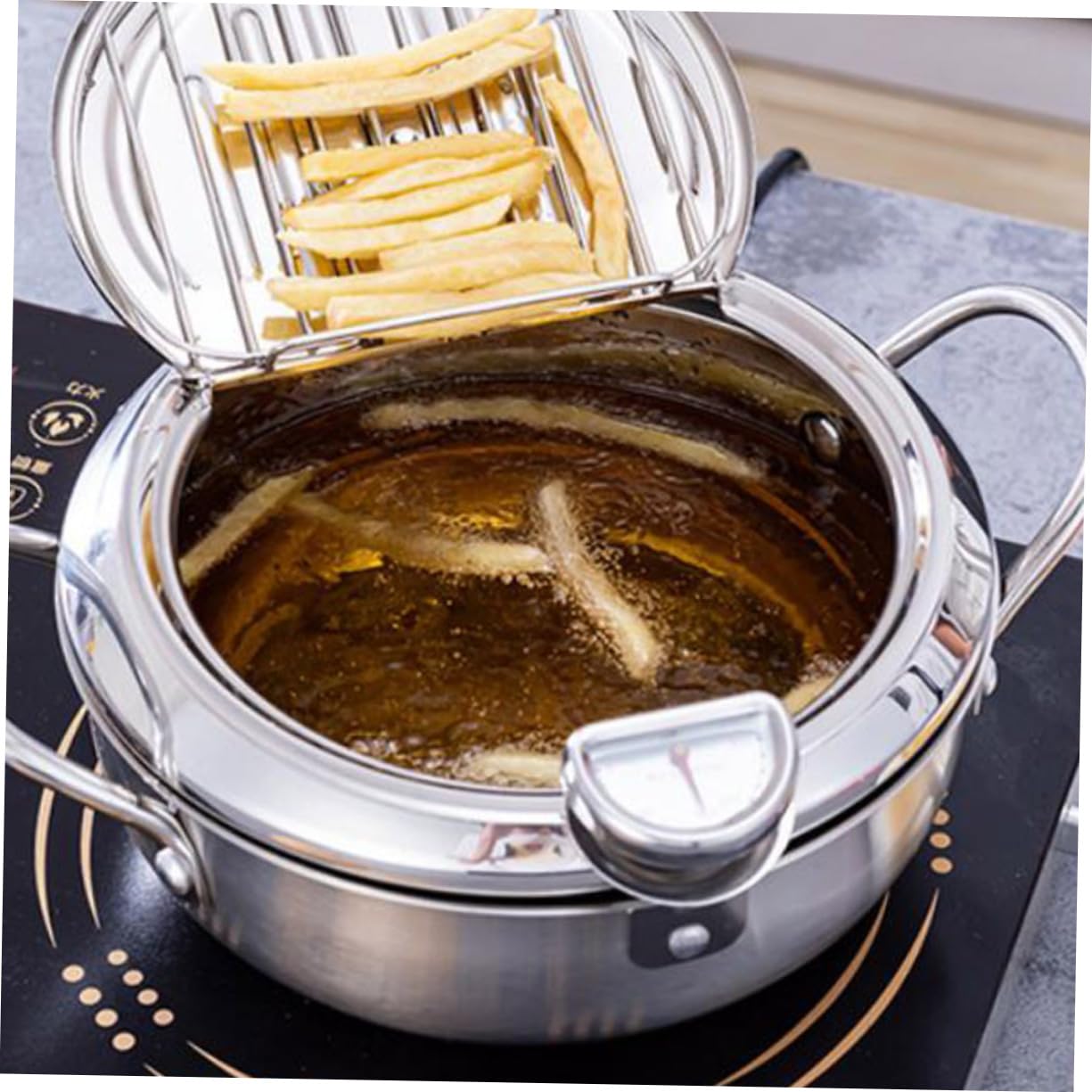 Freidora con Termómetro De Olla para Uso Doméstico para Sartenes De Inducción con Tapa y Control De Baja Temperatura Plateada